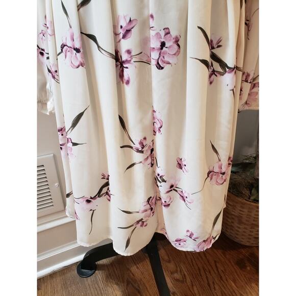 FTF Dress Women Size 2X White Pink Floral Long Sleeve V Neck Polyester Elegant - Picture 4 of 12